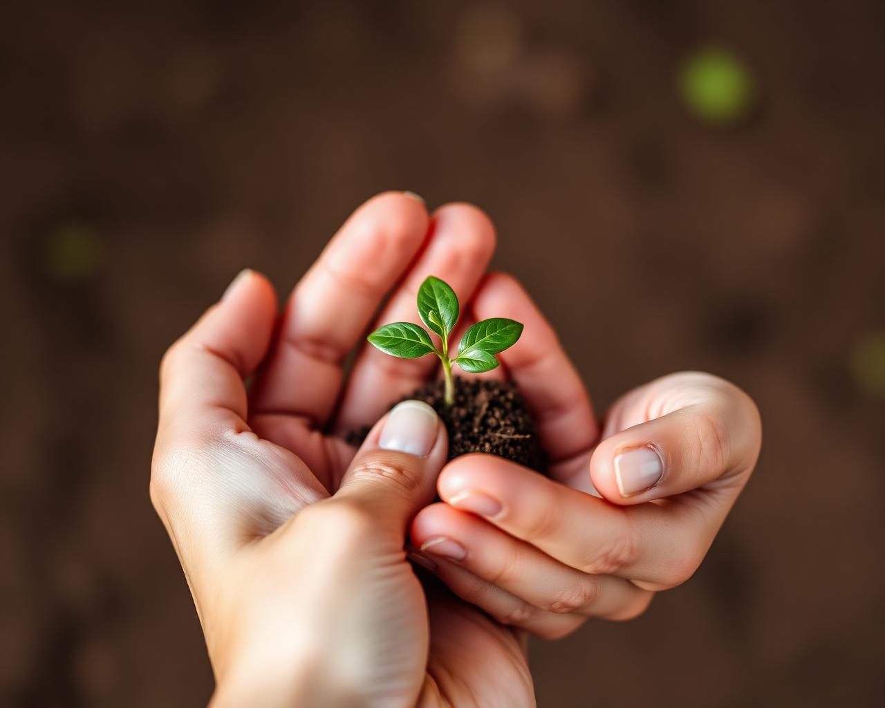 Manos sosteniendo una pequeña planta — símbolo de transformación